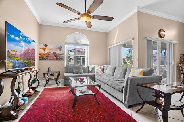 1762 E Trafalgar Cir, Hollywood, FL 33020 - living room with healthy amount of natural light, ceiling fan, ornamental molding, and tile patterned flooring