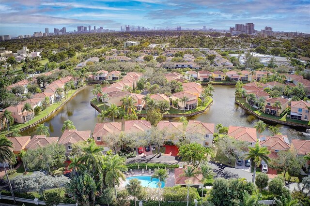 1762 E Trafalgar Cir, Hollywood, FL 33020 - aerial perspective of suburban area featuring city skyline and a nearby body of water