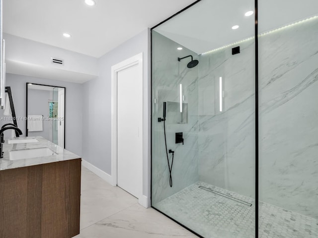 1130 NE 91st Ter, Miami Shores, FL 33138 - full bath featuring recessed lighting, a marble finish shower, double vanity, and marble finish floors