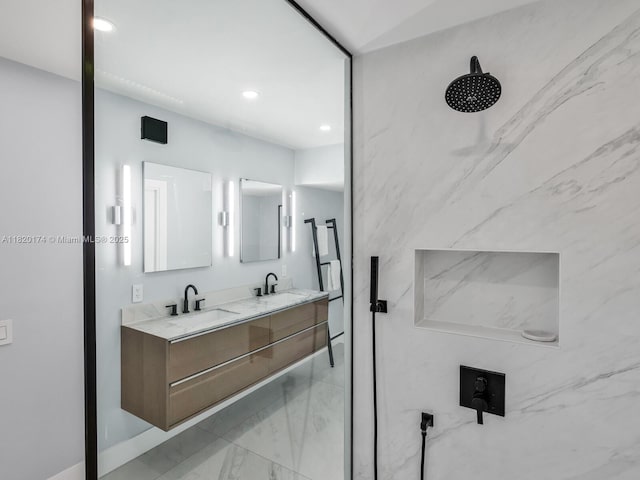 1130 NE 91st Ter, Miami Shores, FL 33138 - full bathroom with marble look tiles, double vanity, a marble finish shower, and recessed lighting