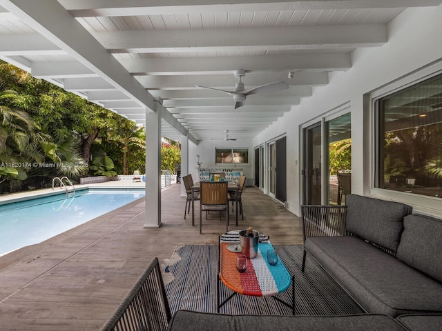 1130 NE 91st Ter, Miami Shores, FL 33138 - view of patio with an outdoor living space, a ceiling fan, an outdoor pool, and outdoor dining space