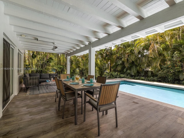1130 NE 91st Ter, Miami Shores, FL 33138 - swimming pool featuring outdoor dining area, ceiling fan, a deck, and an outdoor hangout area