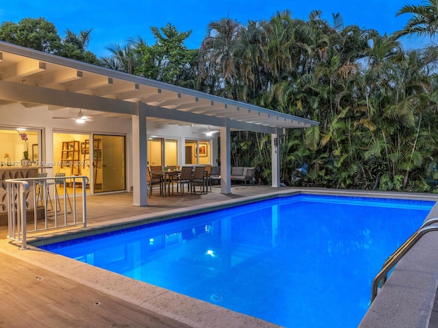 1130 NE 91st Ter, Miami Shores, FL 33138 - outdoor pool with outdoor dining area, an outdoor hangout area, and ceiling fan