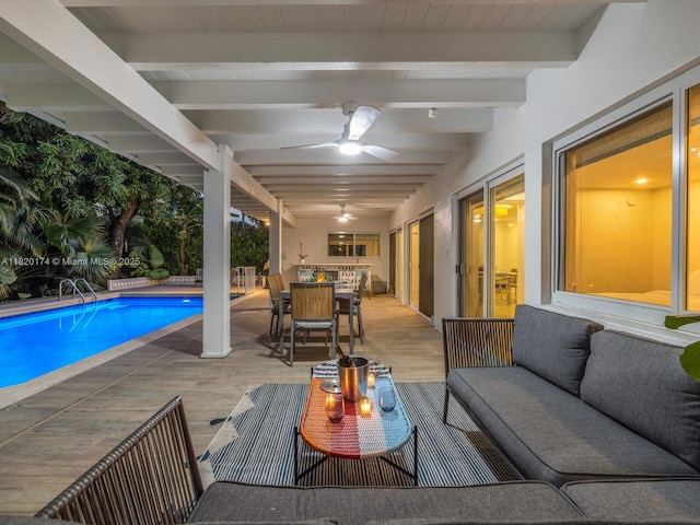 1130 NE 91st Ter, Miami Shores, FL 33138 - swimming pool featuring an outdoor hangout area, outdoor dining space, and ceiling fan