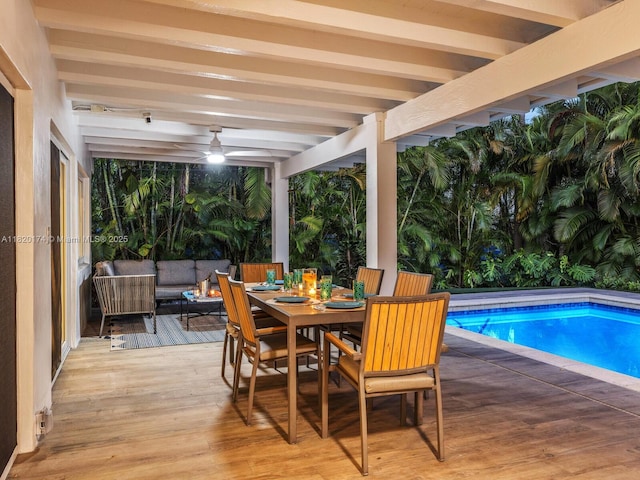 1130 NE 91st Ter, Miami Shores, FL 33138 - outdoor pool featuring a wooden deck, an outdoor hangout area, ceiling fan, and outdoor dining area