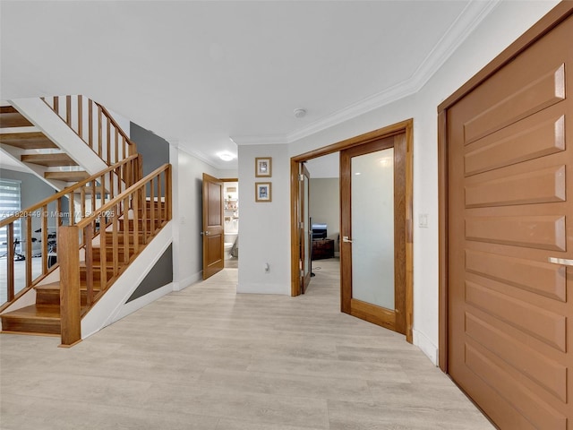 9933 NW 49th Ter, Doral, FL 33178 - corridor with ornamental molding, light wood finished floors, and stairway
