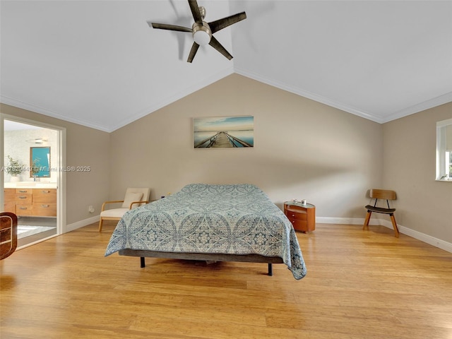 9933 NW 49th Ter, Doral, FL 33178 - bedroom with light wood finished floors, lofted ceiling, ornamental molding, a ceiling fan, and connected bathroom