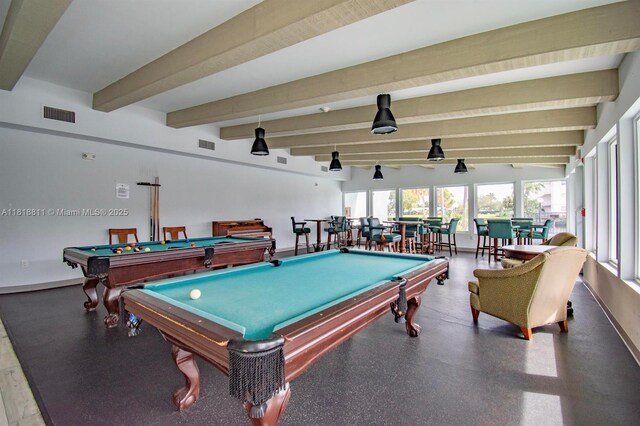 2781 Taft St Unit 308, Hollywood, FL 33020 - playroom featuring plenty of natural light, billiards table, beamed ceiling, and rubber floors