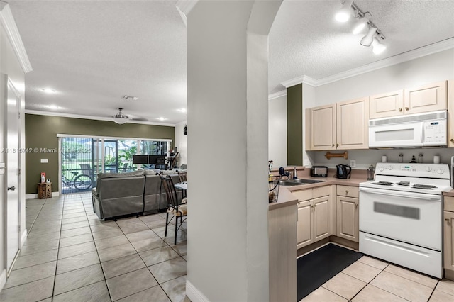 12006 SW 2nd St, Pembroke Pines, FL 33025 - kitchen with white appliances, light tile patterned flooring, ornamental molding, a textured ceiling, and open floor plan