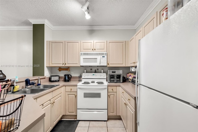 12006 SW 2nd St, Pembroke Pines, FL 33025 - kitchen with white appliances, a textured ceiling, crown molding, light countertops, and light tile patterned floors