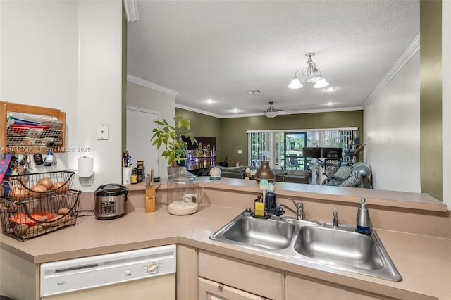 12006 SW 2nd St, Pembroke Pines, FL 33025 - kitchen with white dishwasher, crown molding, light countertops, open floor plan, and a textured ceiling