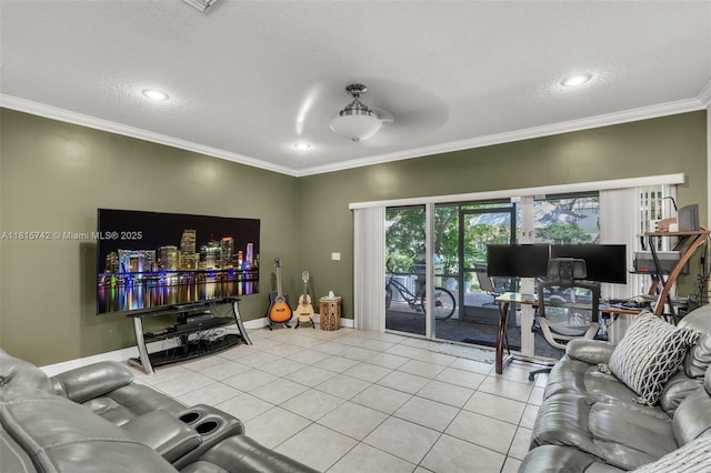 12006 SW 2nd St, Pembroke Pines, FL 33025 - living area featuring ornamental molding, light tile patterned flooring, recessed lighting, and a textured ceiling