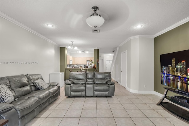 12006 SW 2nd St, Pembroke Pines, FL 33025 - living room with light tile patterned flooring, ornamental molding, recessed lighting, and a textured ceiling