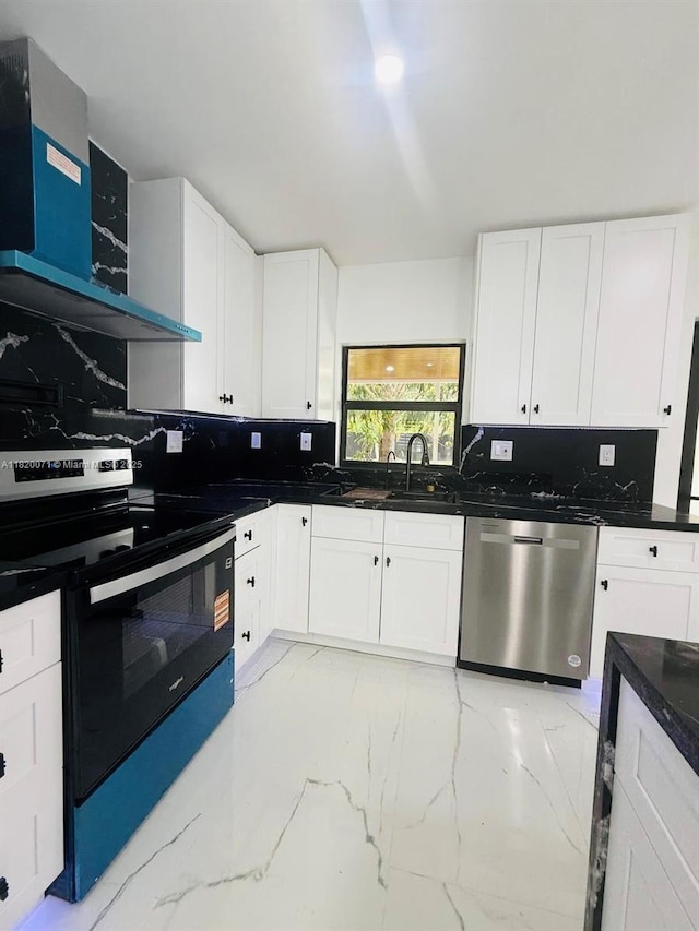 543 E 61st St, Hialeah, FL 33013 - kitchen with black electric range oven, light marble finish floors, stainless steel dishwasher, ventilation hood, and backsplash