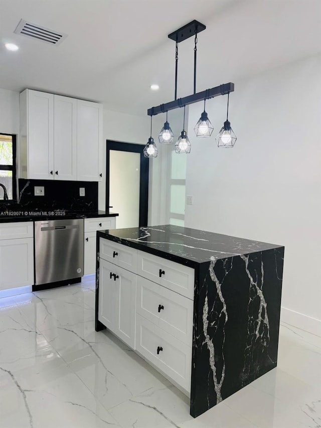 543 E 61st St, Hialeah, FL 33013 - kitchen featuring dishwasher, white cabinets, light marble finish floors, and recessed lighting