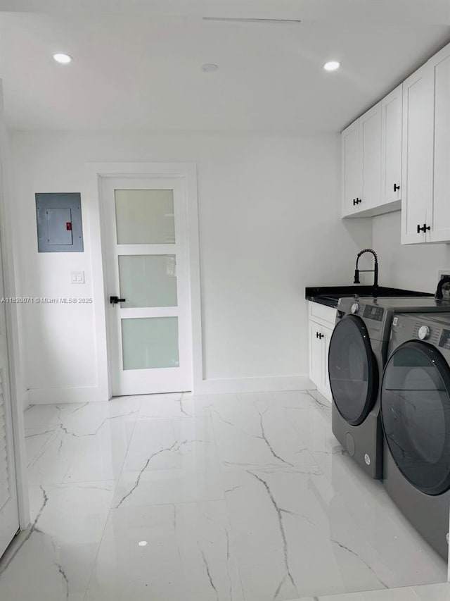 543 E 61st St, Hialeah, FL 33013 - laundry area with cabinet space, separate washer and dryer, light marble finish flooring, electric panel, and recessed lighting