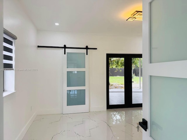 543 E 61st St, Hialeah, FL 33013 - doorway featuring french doors, a barn door, marble finish floors, and recessed lighting