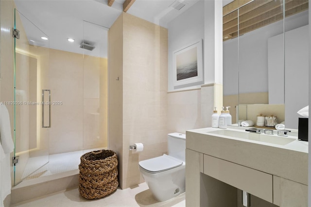 102 24th St Unit Ph-1706, Miami Beach, FL 33139 - bathroom featuring a stall shower, vanity, tile walls, and recessed lighting