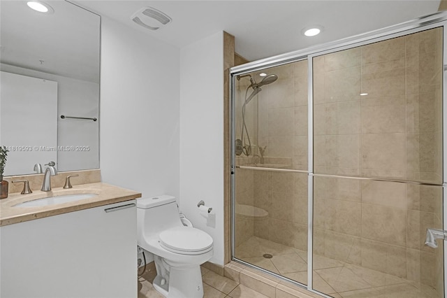 14951 Royal Oaks Ln Unit 803, North Miami, FL 33181 - full bathroom with vanity, tile patterned flooring, a shower stall, and recessed lighting