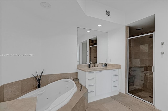 14951 Royal Oaks Ln Unit 803, North Miami, FL 33181 - bathroom featuring a tub with jets, a stall shower, vanity, and recessed lighting