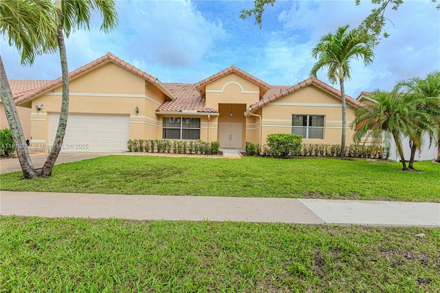 16176 NW 14th Ct, Pembroke Pines, FL 33028 - view of front of property with stucco siding, a garage, a front lawn, driveway, and a tiled roof