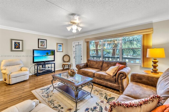 2026 Berkshire B 2026, Deerfield Beach, FL 33442 - living area featuring crown molding, wood finished floors, a textured ceiling, and a ceiling fan