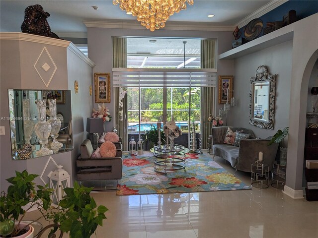 1496 NW 127th Way, Coral Springs, FL 33071 - tiled living area with crown molding, a chandelier, and arched walkways