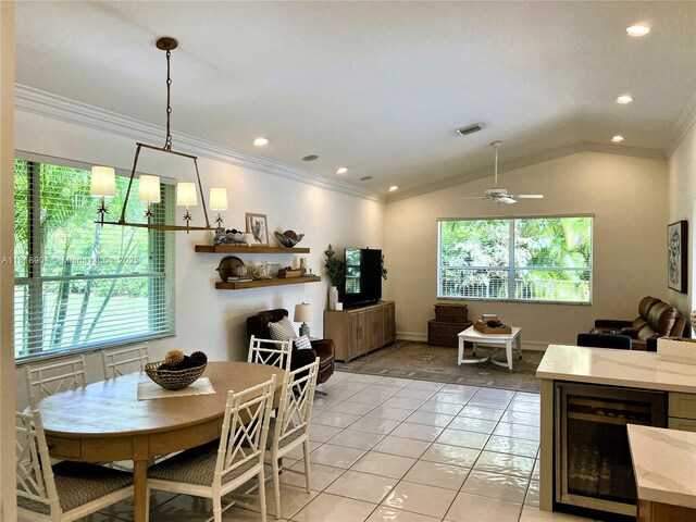 1971 Landing Way, Weston, FL 33326 - dining room with beverage cooler, ornamental molding, ceiling fan, recessed lighting, and light tile patterned floors