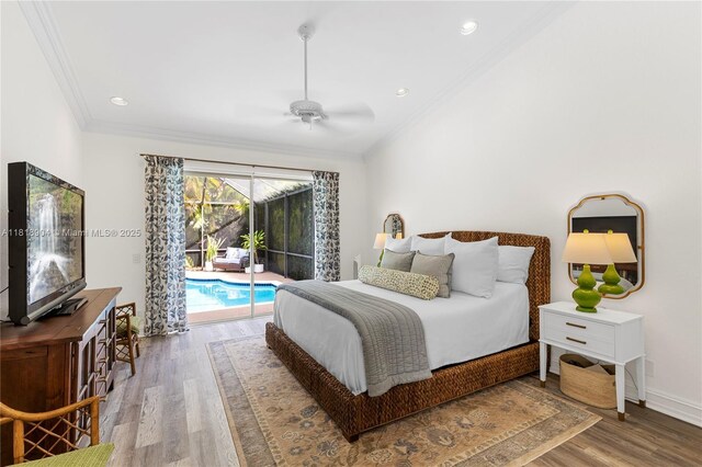 1971 Landing Way, Weston, FL 33326 - bedroom with ornamental molding, access to outside, wood finished floors, a ceiling fan, and recessed lighting