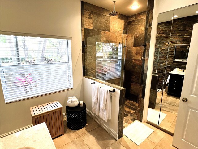 1971 Landing Way, Weston, FL 33326 - bathroom with radiator, vanity, a walk in shower, tile patterned floors, and plenty of natural light