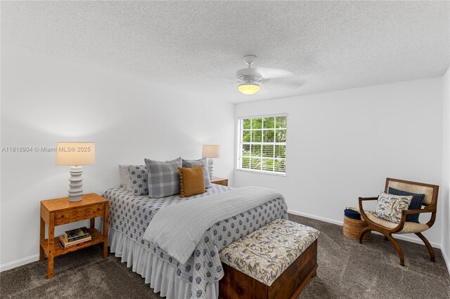 1971 Landing Way, Weston, FL 33326 - bedroom featuring dark colored carpet, a textured ceiling, and a ceiling fan