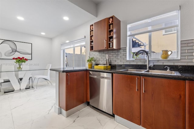 18062 NW 74th Ct, Hialeah, FL 33015 - kitchen featuring stainless steel dishwasher, open shelves, light marble finish floors, decorative backsplash, and recessed lighting
