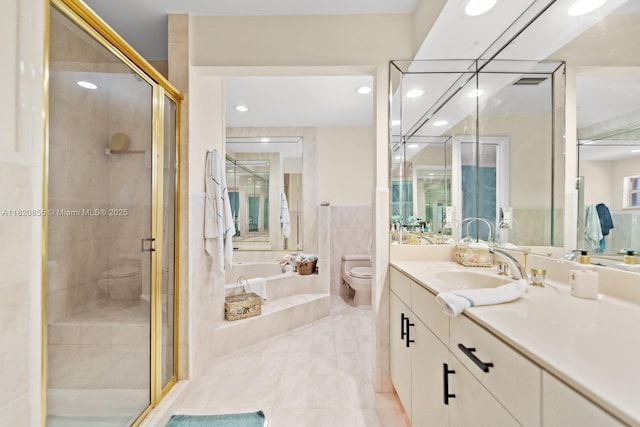 12821 SW 148th St Rd, Miami, FL 33186 - bathroom with a bath, vanity, a shower stall, tile patterned floors, and recessed lighting