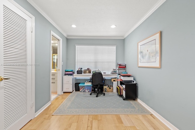 12821 SW 148th St Rd, Miami, FL 33186 - office area featuring wood finished floors, ornamental molding, and recessed lighting