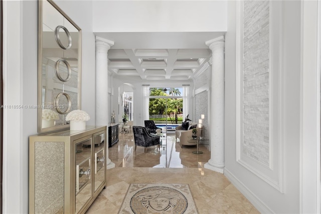10985 Canary Island Ct, Plantation, FL 33324 - foyer with ornate columns, coffered ceiling, beamed ceiling, arched walkways, and marble tiled flooring