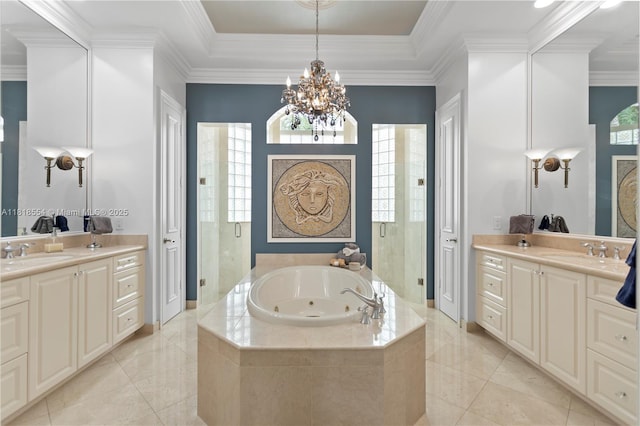 10985 Canary Island Ct, Plantation, FL 33324 - full bathroom featuring two vanities, a whirlpool tub, a chandelier, a stall shower, and ornamental molding