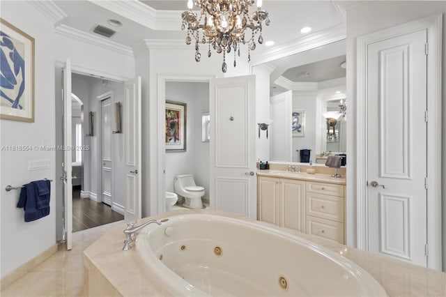 10985 Canary Island Ct, Plantation, FL 33324 - full bathroom featuring a whirlpool tub, crown molding, vanity, a chandelier, and a bidet