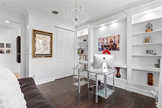 10985 Canary Island Ct, Plantation, FL 33324 - office space featuring built in features, wood finished floors, crown molding, and a chandelier