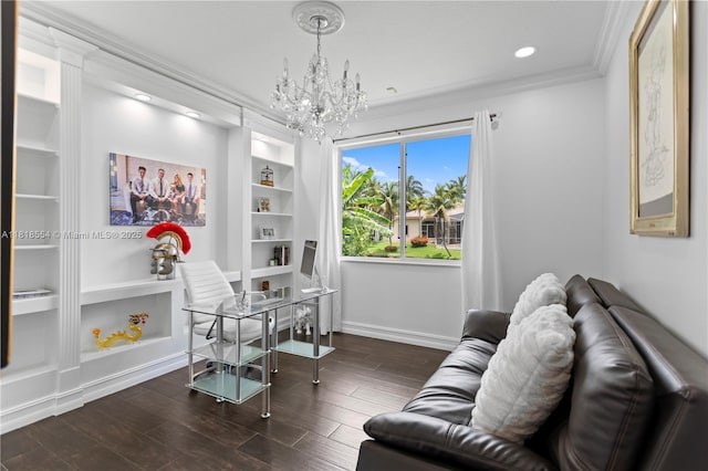 10985 Canary Island Ct, Plantation, FL 33324 - office with a chandelier, ornamental molding, wood finished floors, built in shelves, and recessed lighting