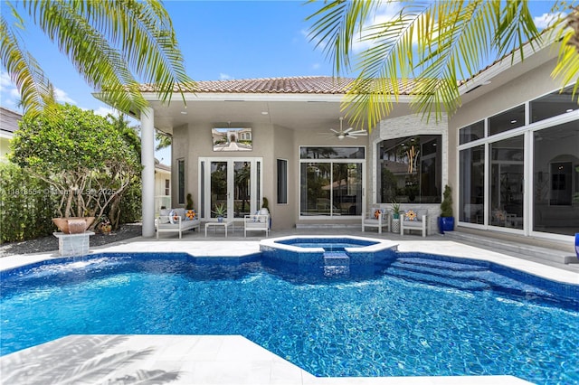 10985 Canary Island Ct, Plantation, FL 33324 - view of swimming pool featuring ceiling fan, a patio, a pool with connected hot tub, and an outdoor hangout area