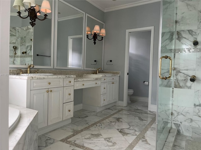 1290 Ginger Cir, Weston, FL 33326 - full bathroom with crown molding, a marble finish shower, double vanity, marble finish floors, and a bath