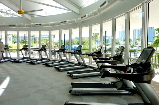2500 Parkview Dr Unit 1717, Hallandale Beach, FL 33009 - exercise room featuring a towering ceiling, healthy amount of natural light, a skyline view, a ceiling fan, and carpet flooring