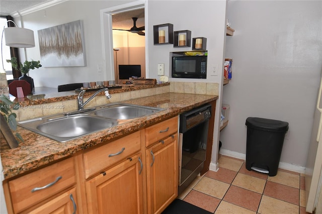 7125 NW 186th St Unit B311, Hialeah, FL 33015 - kitchen with black appliances, ornamental molding, a ceiling fan, light tile patterned flooring, and brown cabinetry