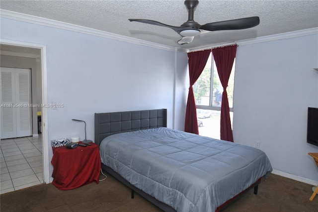7125 NW 186th St Unit B311, Hialeah, FL 33015 - carpeted bedroom with crown molding, a textured ceiling, and ceiling fan