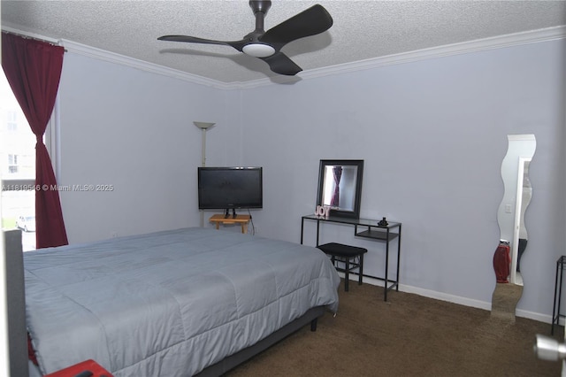 7125 NW 186th St Unit B311, Hialeah, FL 33015 - carpeted bedroom featuring crown molding, a textured ceiling, and ceiling fan