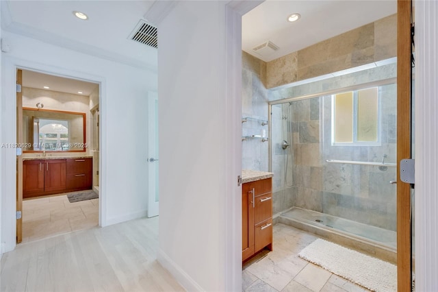 2085 Ixora Rd, North Miami, FL 33181 - bathroom with vanity, a shower stall, and recessed lighting