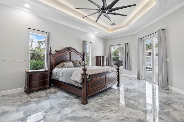 17038 N 61st Pl N, Loxahatchee, FL 33470 - bedroom with light marble finish floors, access to outside, crown molding, a tray ceiling, and ceiling fan