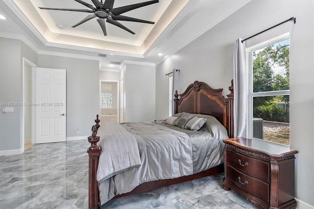 17038 N 61st Pl N, Loxahatchee, FL 33470 - bedroom featuring multiple windows, a tray ceiling, crown molding, marble tiled flooring, and a ceiling fan