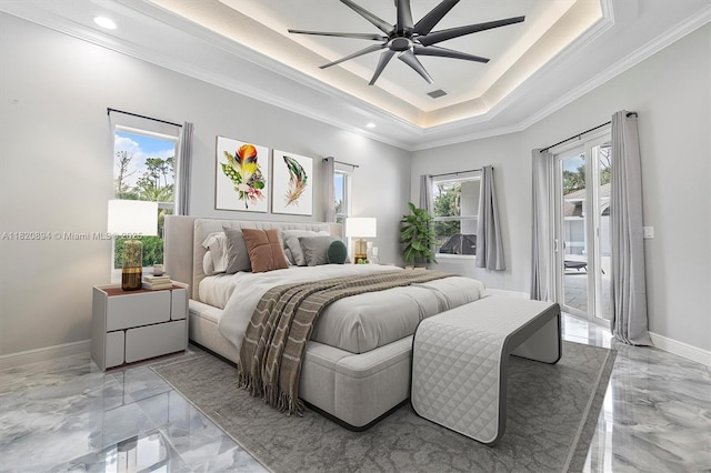 17038 N 61st Pl N, Loxahatchee, FL 33470 - bedroom with access to outside, light marble finish flooring, a raised ceiling, crown molding, and recessed lighting