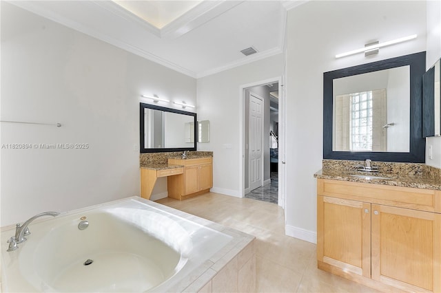 17038 N 61st Pl N, Loxahatchee, FL 33470 - full bathroom with a bath, two vanities, crown molding, and tile patterned floors